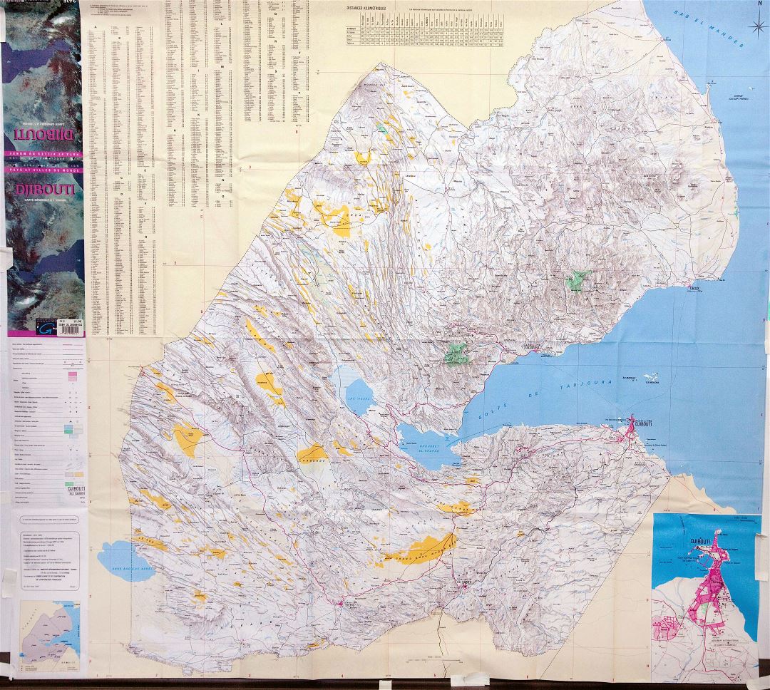 Большая детальная карта Джибути с рельефом и другими пометками