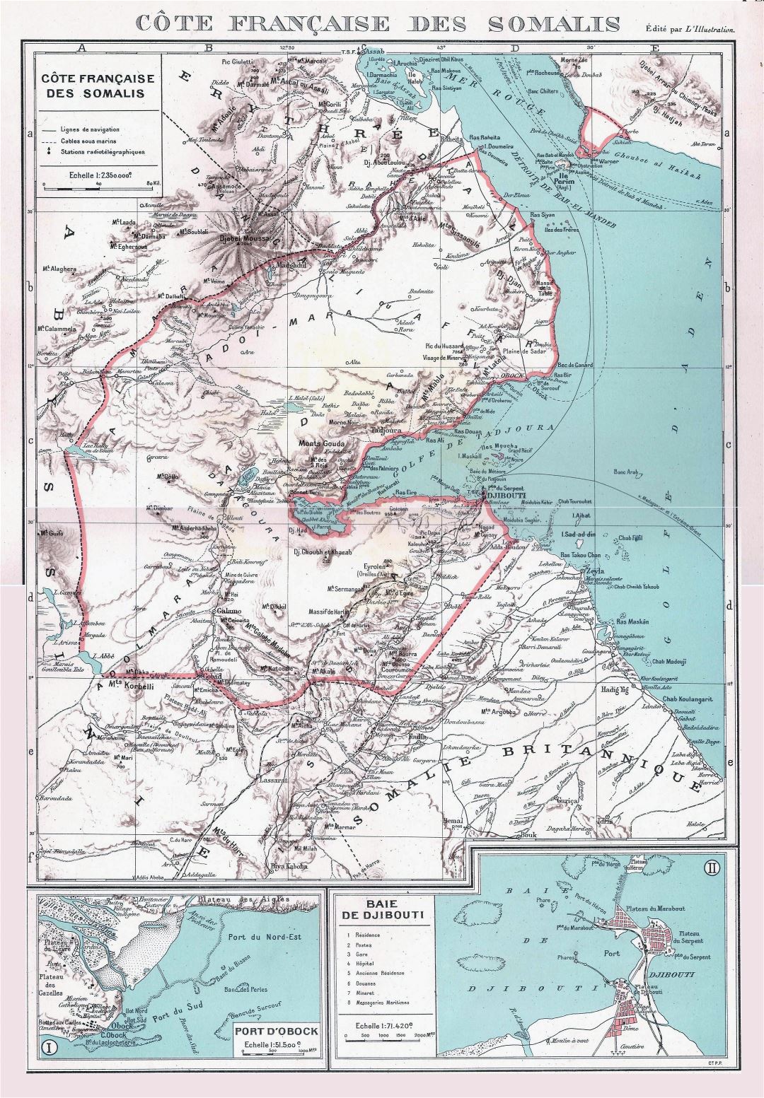 Большая детальная старая карта Джибути с рельефом