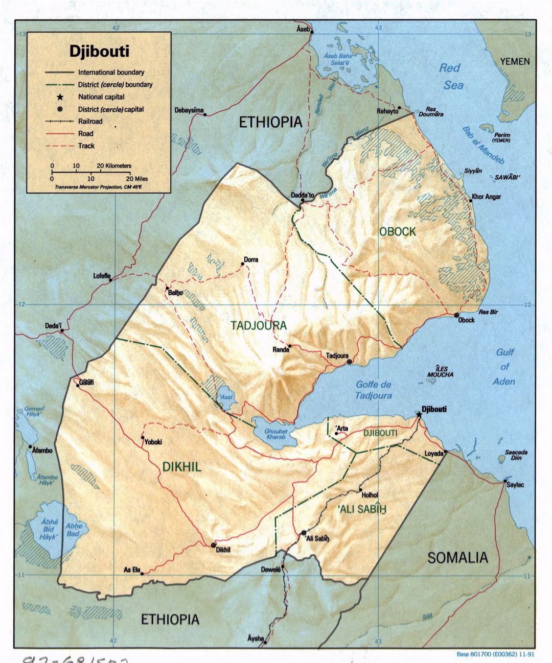 Большая детальная политическая и административная карта Джибути с рельефом, дорогами, железными дорогами и крупными городами - 1991