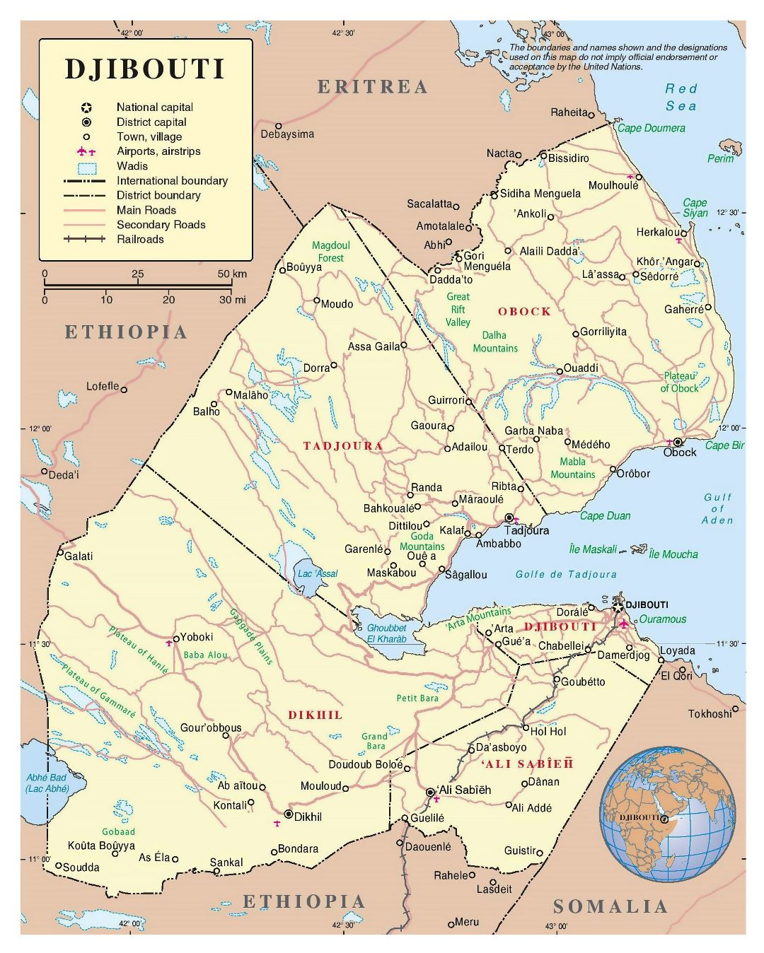 Большая детальная политическая и административная карта Джибути с дорогами, железными дорогами, городами и аэропортами