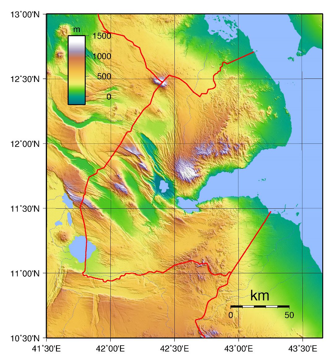 Большая физическая карта Джибути
