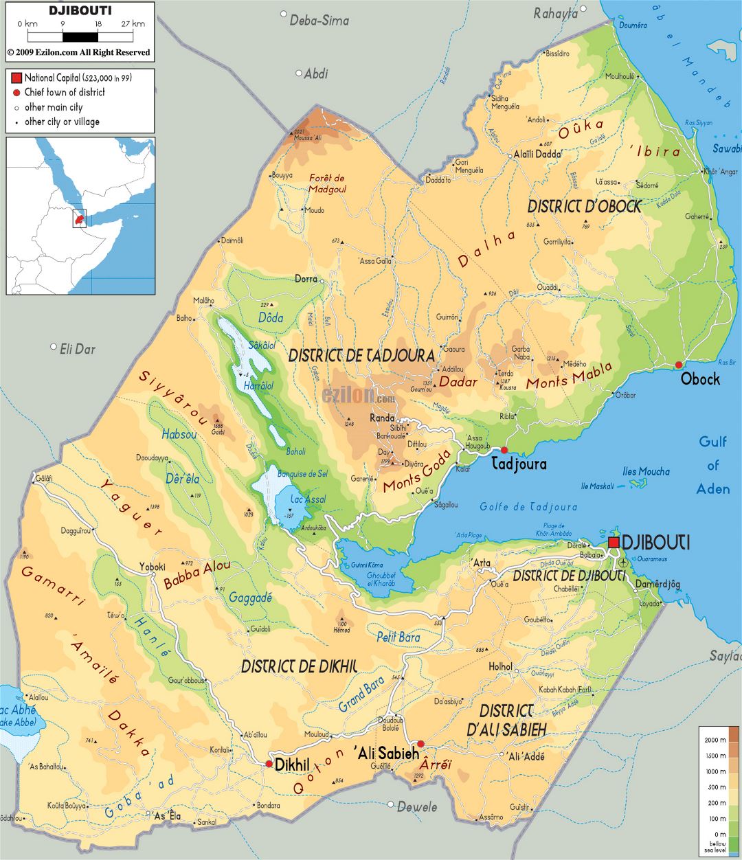 Большая физическая карта Джибути с дорогами, городами и аэропортами