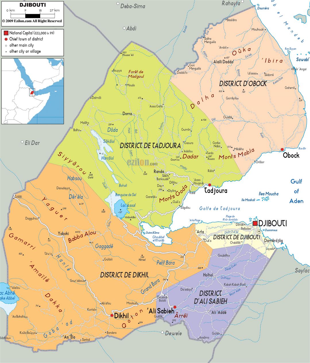 Большая политическая и административная карта Джибути с дорогами, городами и аэропортами
