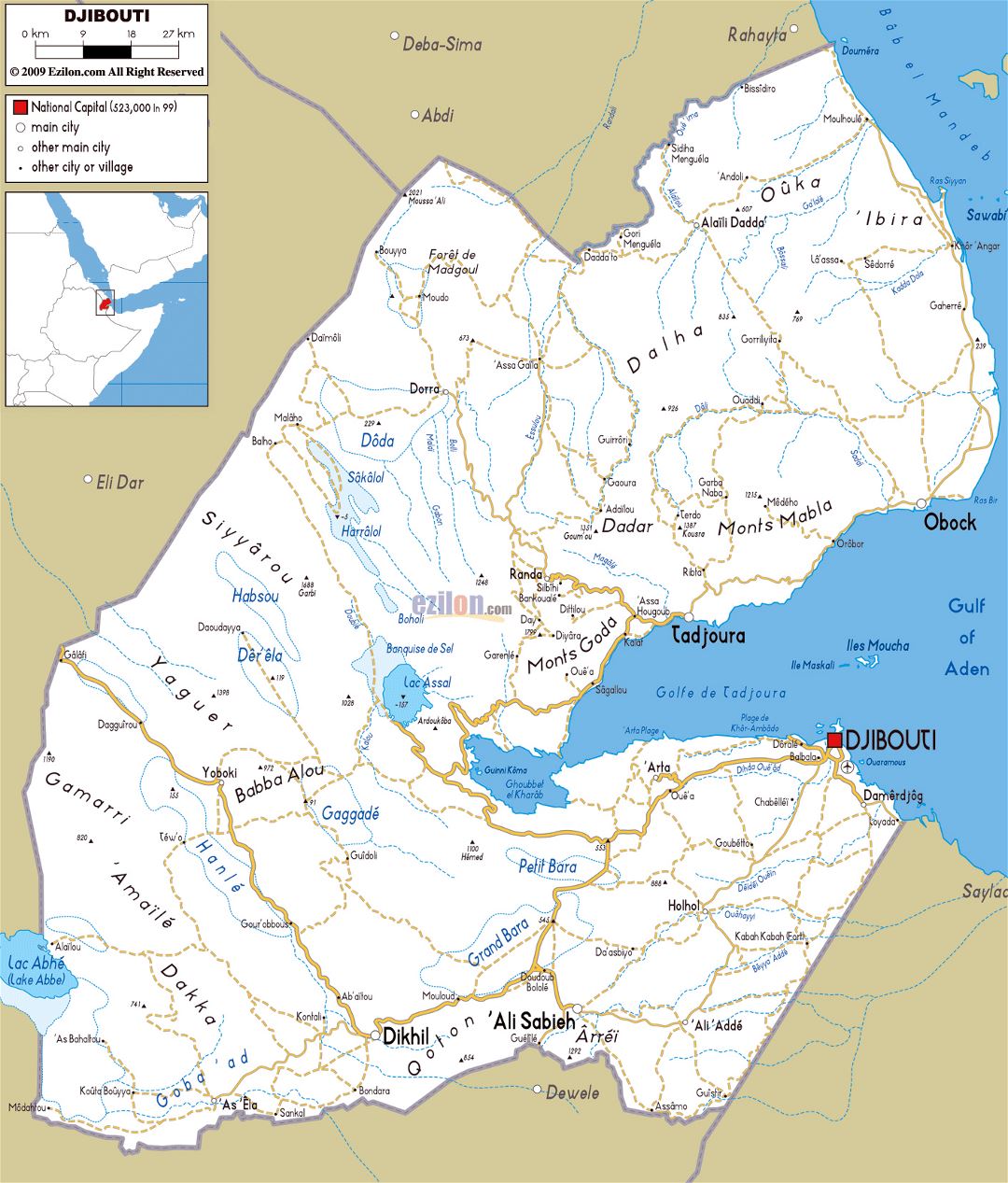 Большая карта дорог Джибути с городами и аэропортами