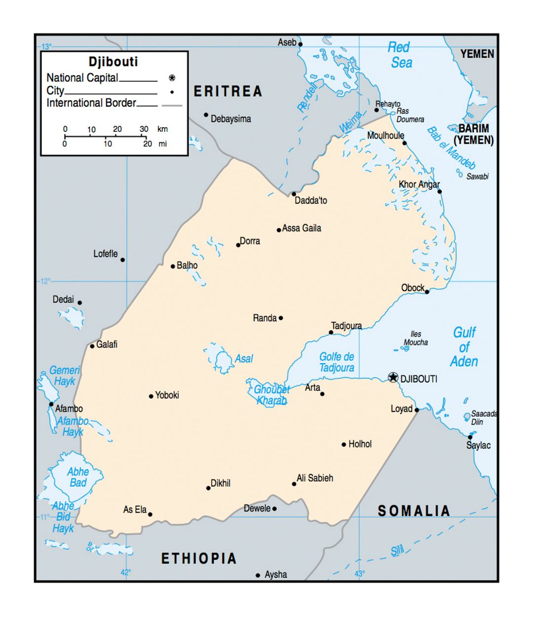 Политическая карта Джибути с городами - 2002