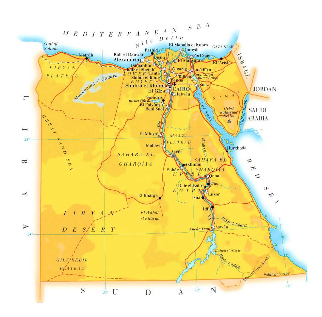 Детальная карта высот Египта с дорогами, городами и аэропортами