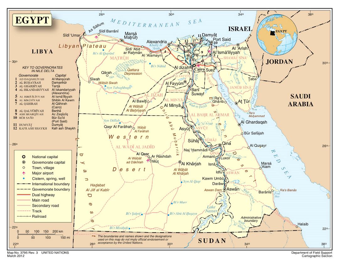 Детальная политическая и административная карта Египта с дорогами, железными дорогами, городами и аэропортами
