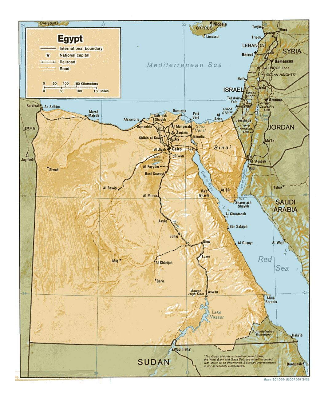 Детальная политическая карта Египта с рельефом, дорогами, железными дорогами и крупными городами - 1988