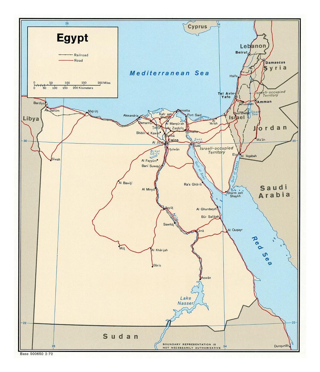 Детальная политическая карта Египта с дорогами, железными дорогами и крупными городами - 1972