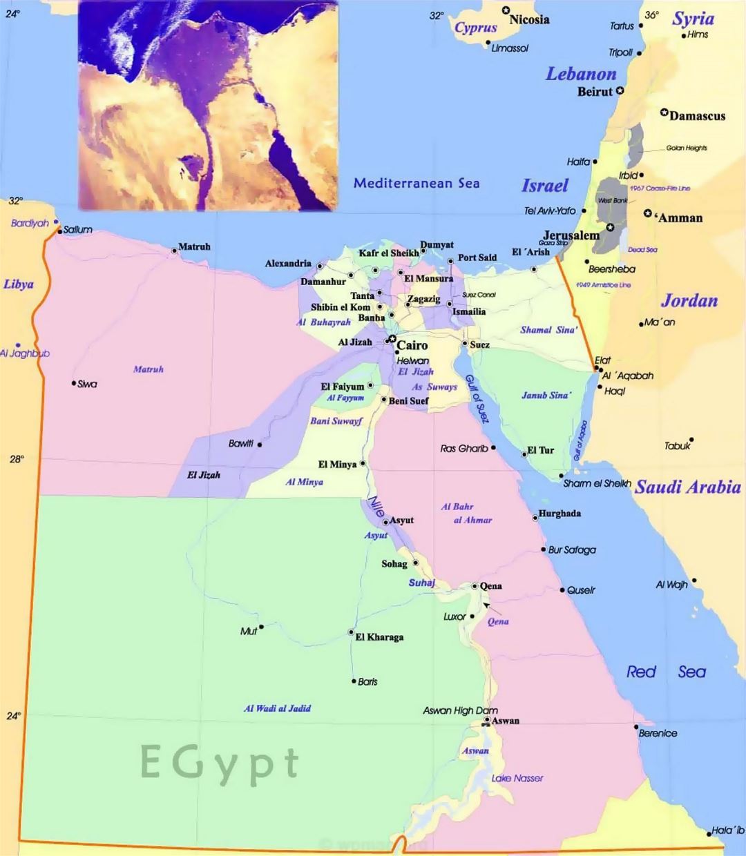 Большая политическая и административная карта Египта с дорогами и городами