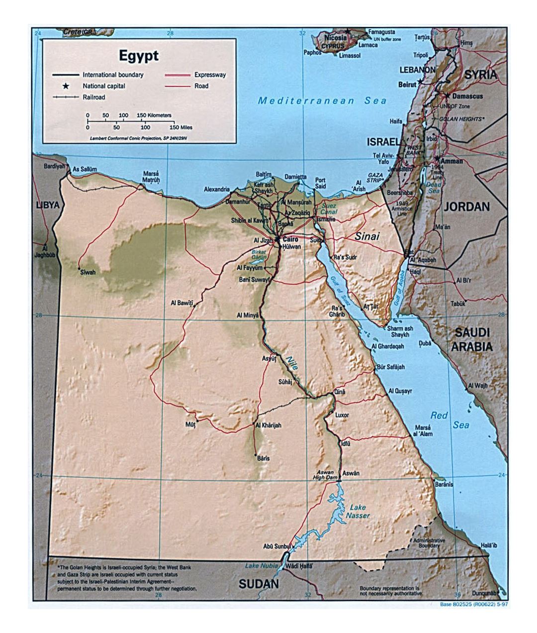 Большая политическая карта Египта с рельефом, дорогами, железными дорогами и крупными городами - 1997