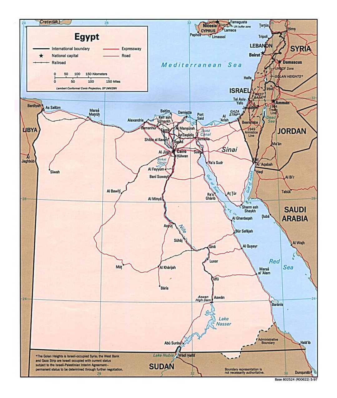 Большая политическая карта Египта с дорогами, железными дорогами и крупными городами - 1997