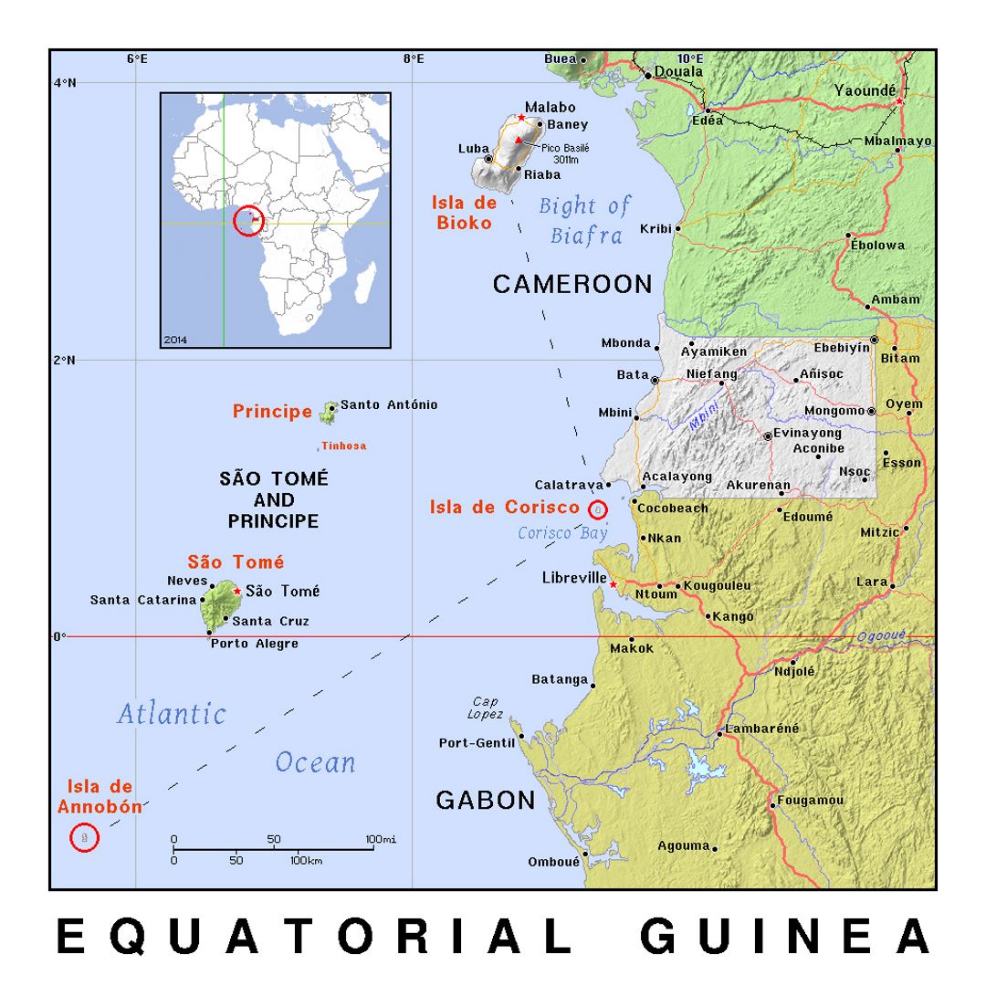 Детальная политическая карта Экваториальной Гвинеи с рельефом