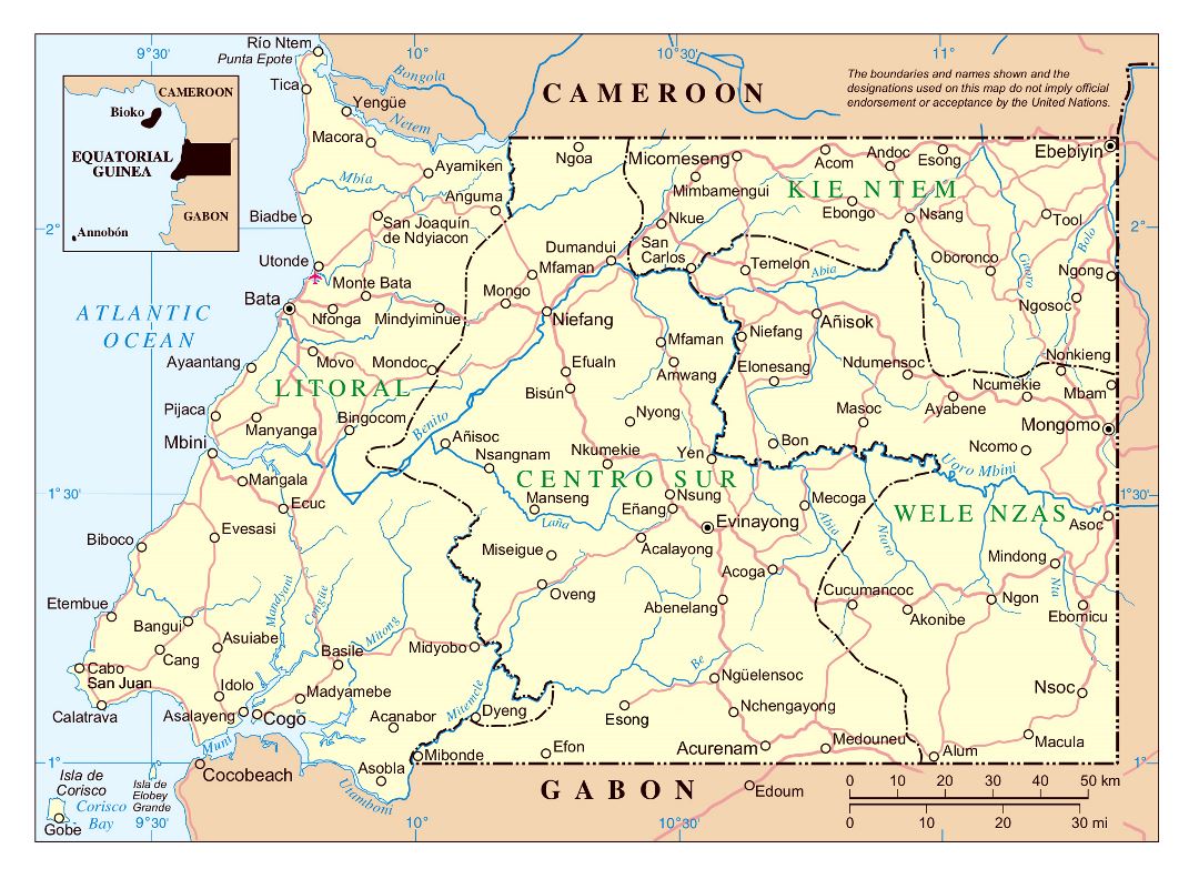 Большая детальная политическая и административная карта Экваториальной Гвинеи с дорогами и городами