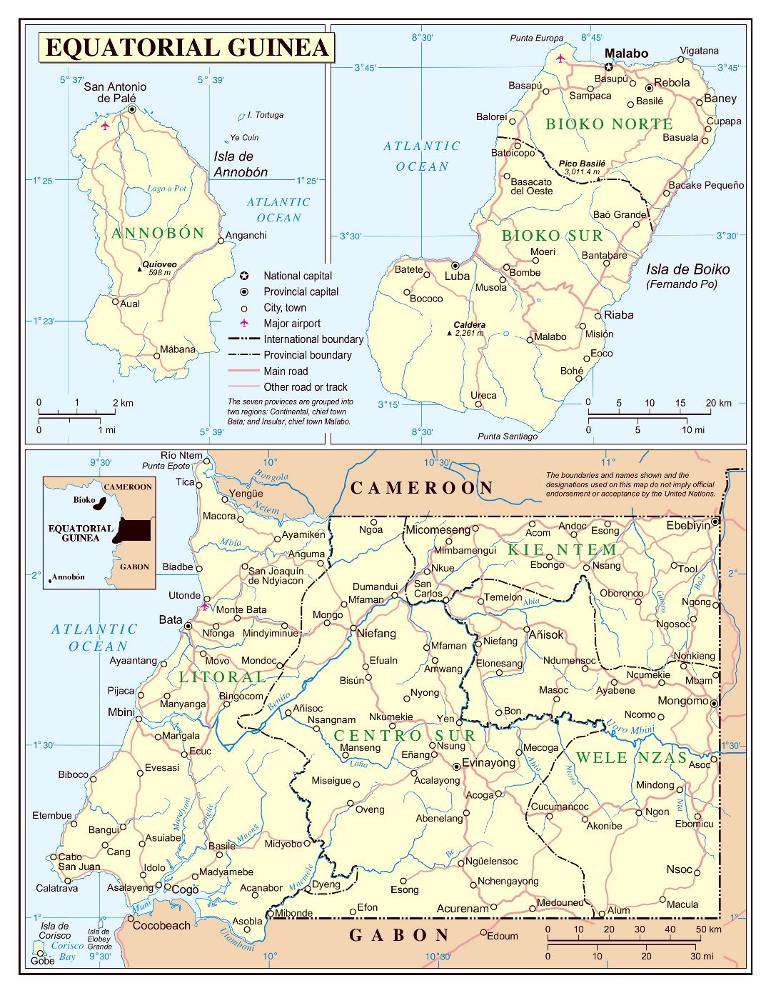 Большая детальная политическая и административная карта Экваториальной Гвинеи с дорогами, городами и аэропортами