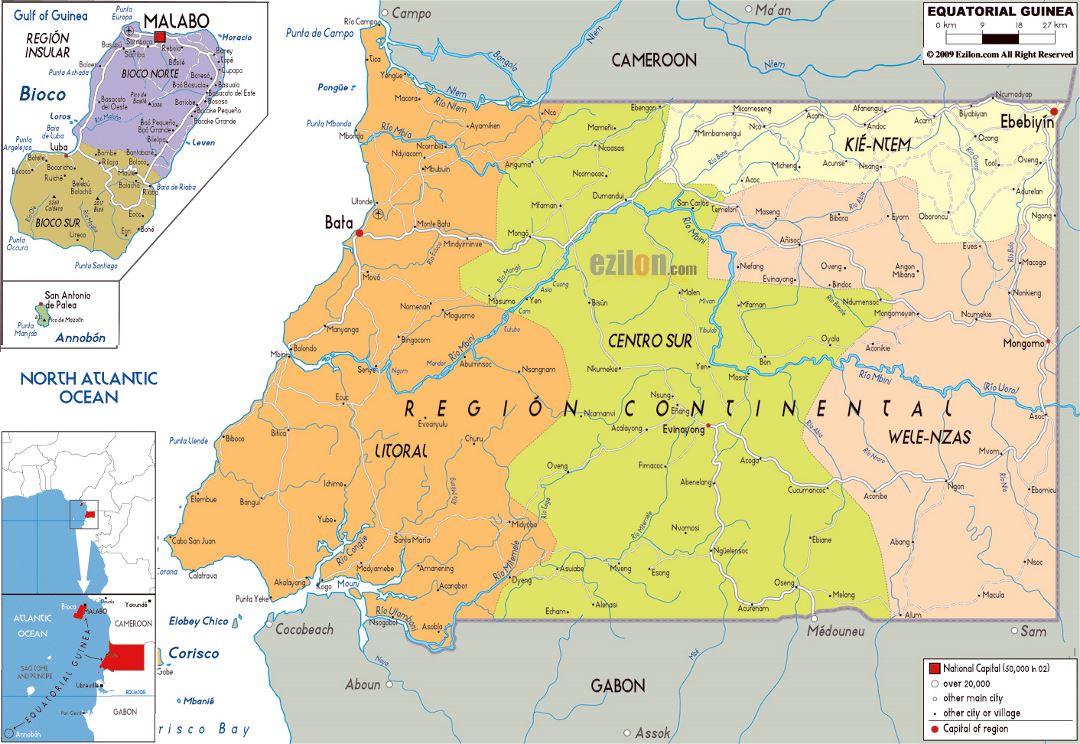 Большая политическая и административная карта Экваториальной Гвинеи с дорогами, городами и аэропортами