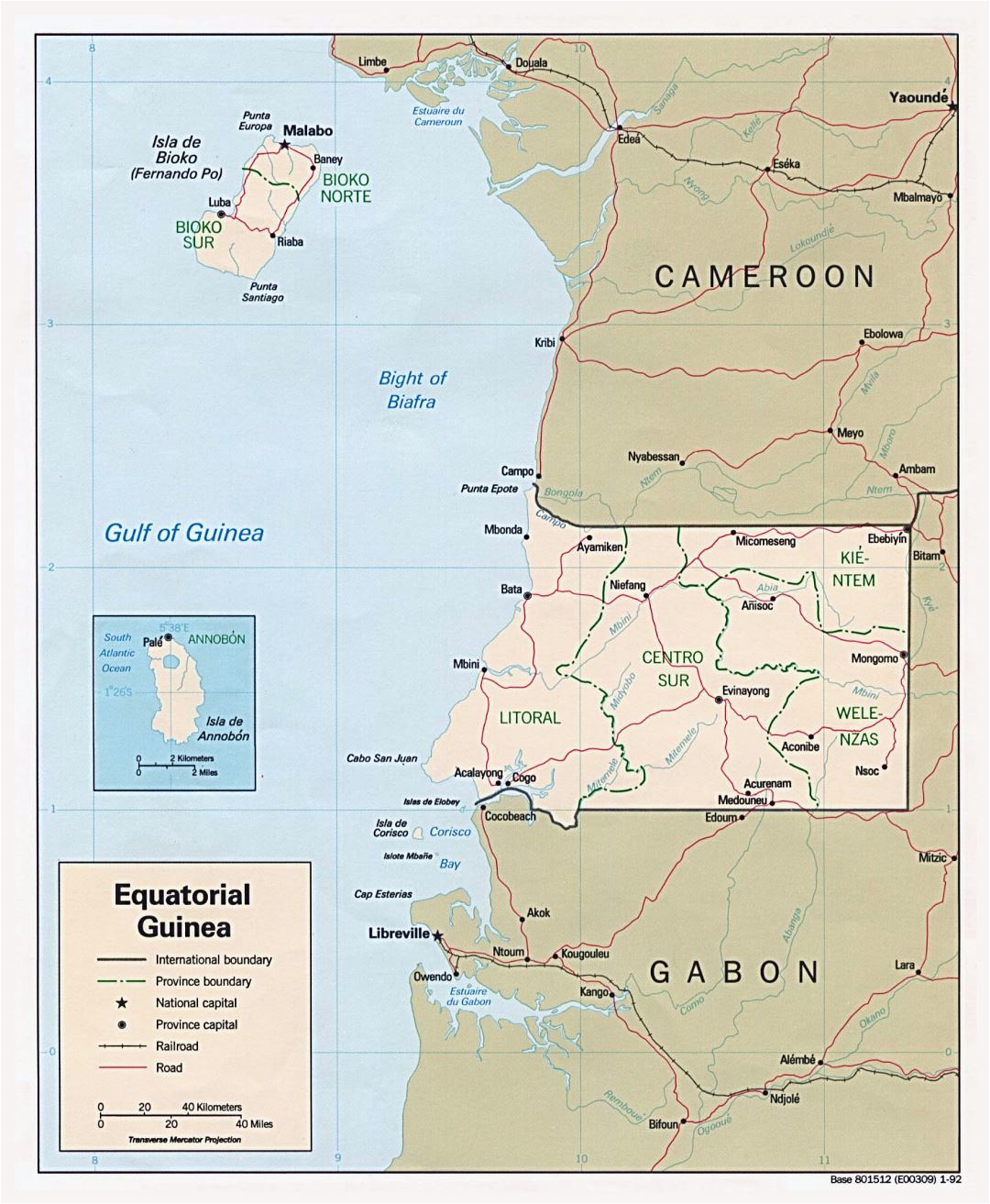 Большая политическая и административная карта Экваториальной Гвинеи с дорогами, железными дорогами и крупными городами - 1992