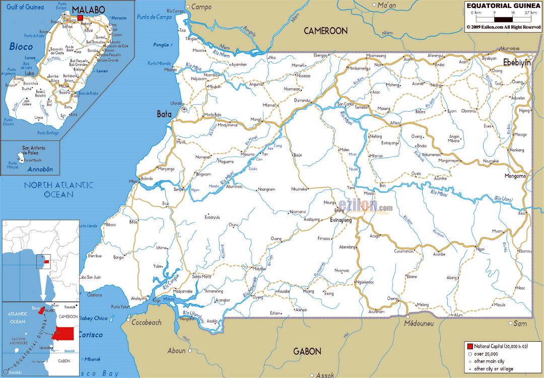 Большая карта дорог Экваториальной Гвинеи с городами и аэропортами