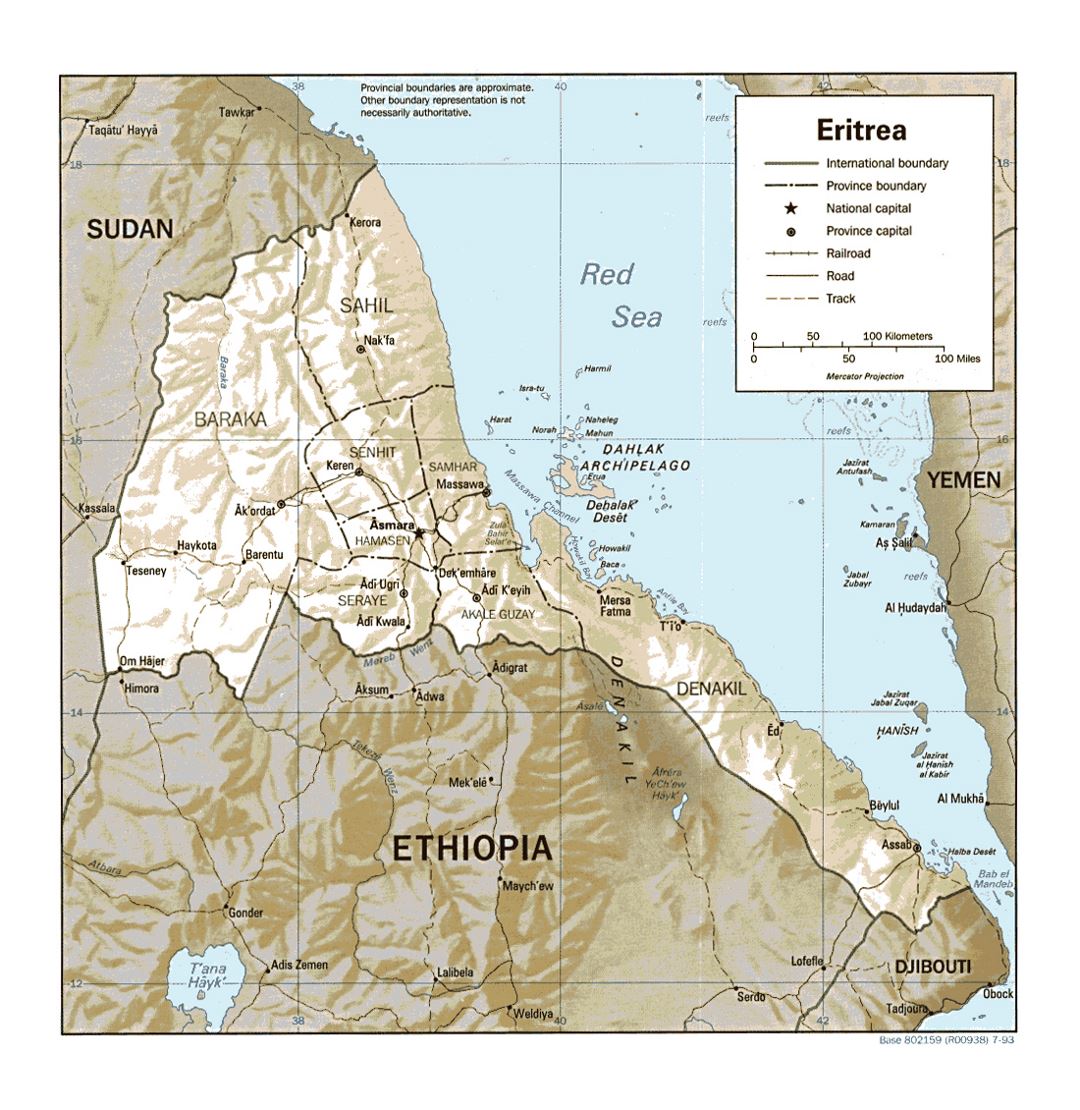 Детальная политическая и административная карта Эритреи с рельефом, дорогами, железными дорогами и крупными городами - 1993