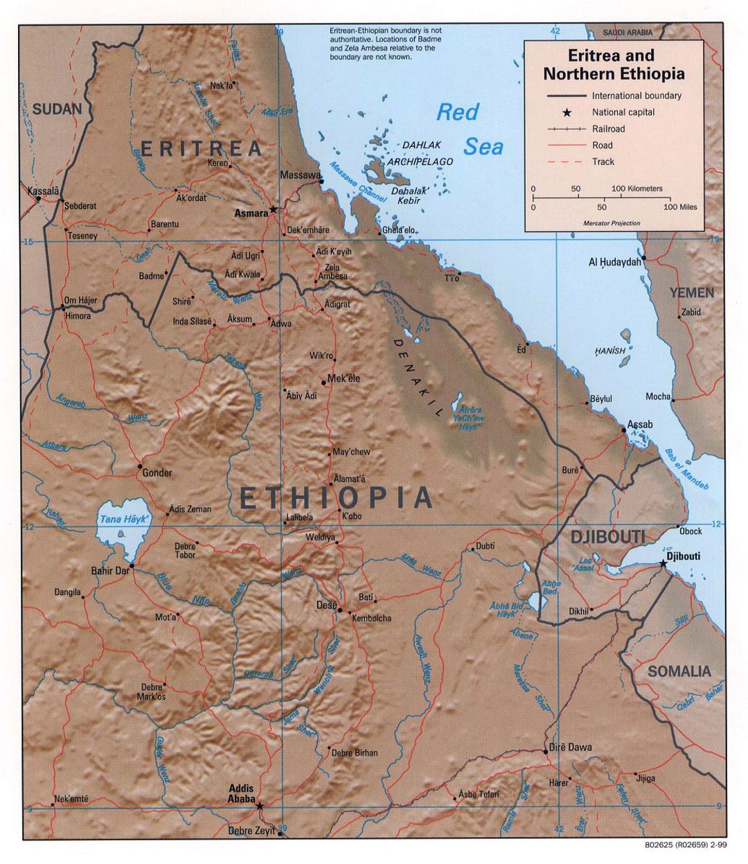 Детальная политическая карта Эритреи и Северной Эфиопии с рельефом, дорогами, железными дорогами и крупными городами - 1999