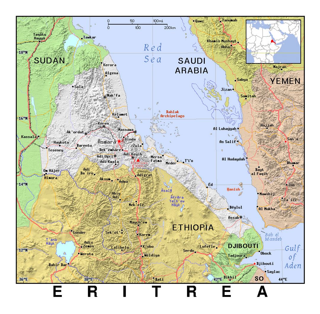 Детальная политическая карта Эритреи с рельефом