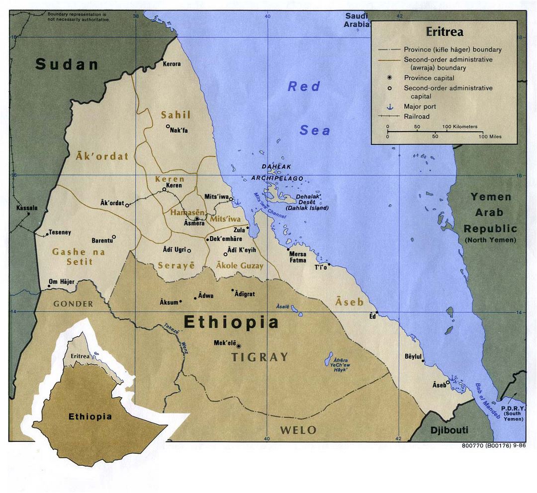 Детальная политическая карта Эритреи с дорогами, железными дорогами, портами и крупными городами - 1986