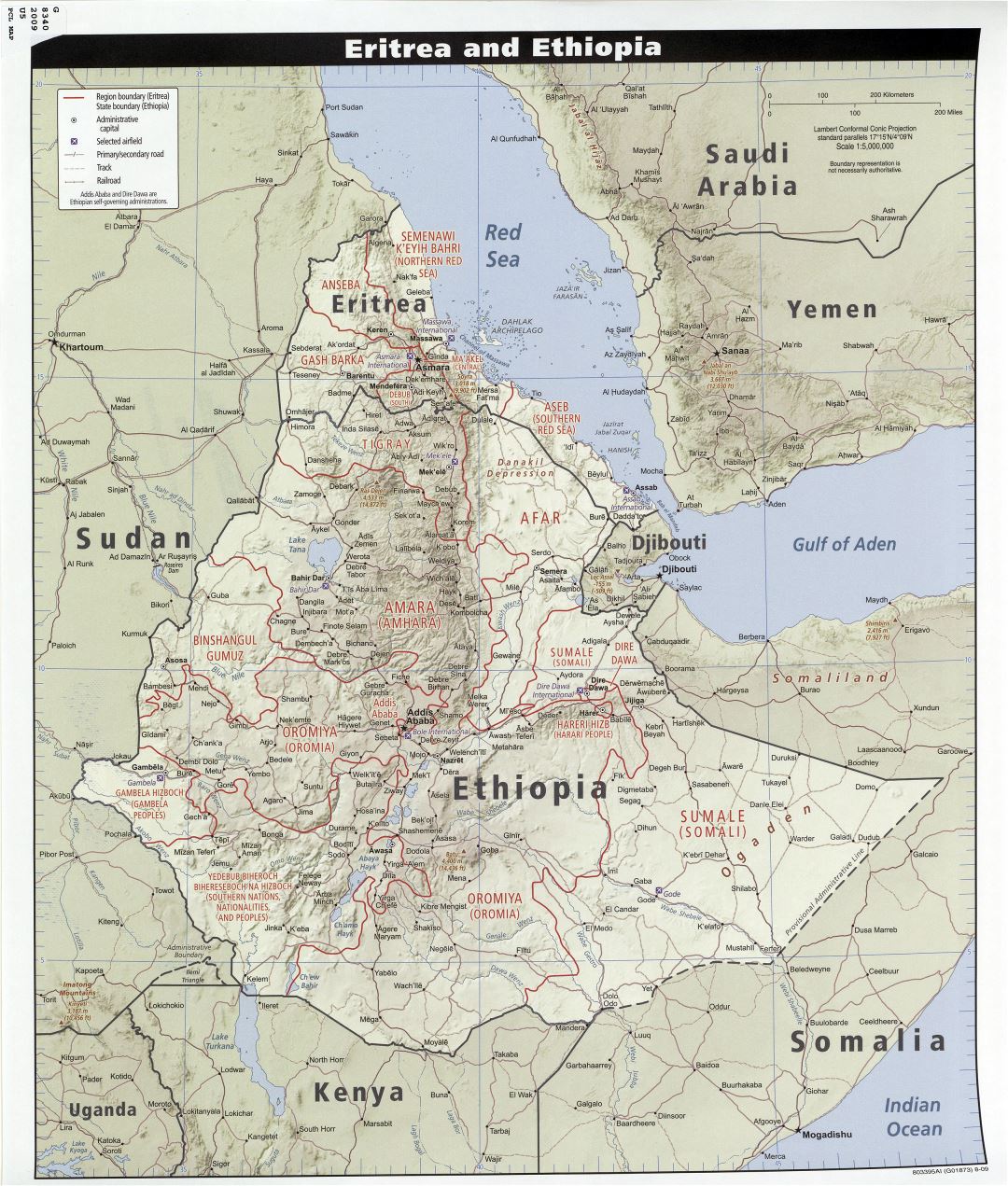 Большая детальная политическая и административная карта Эритреи и Эфиопии с рельефом, дорогами, железными дорогами, аэропортами и городами - 2009
