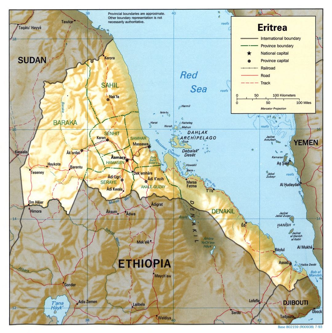 Большая детальная политическая и административная карта Эритреи с рельефом, дорогами, железными дорогами и крупными городами - 1993