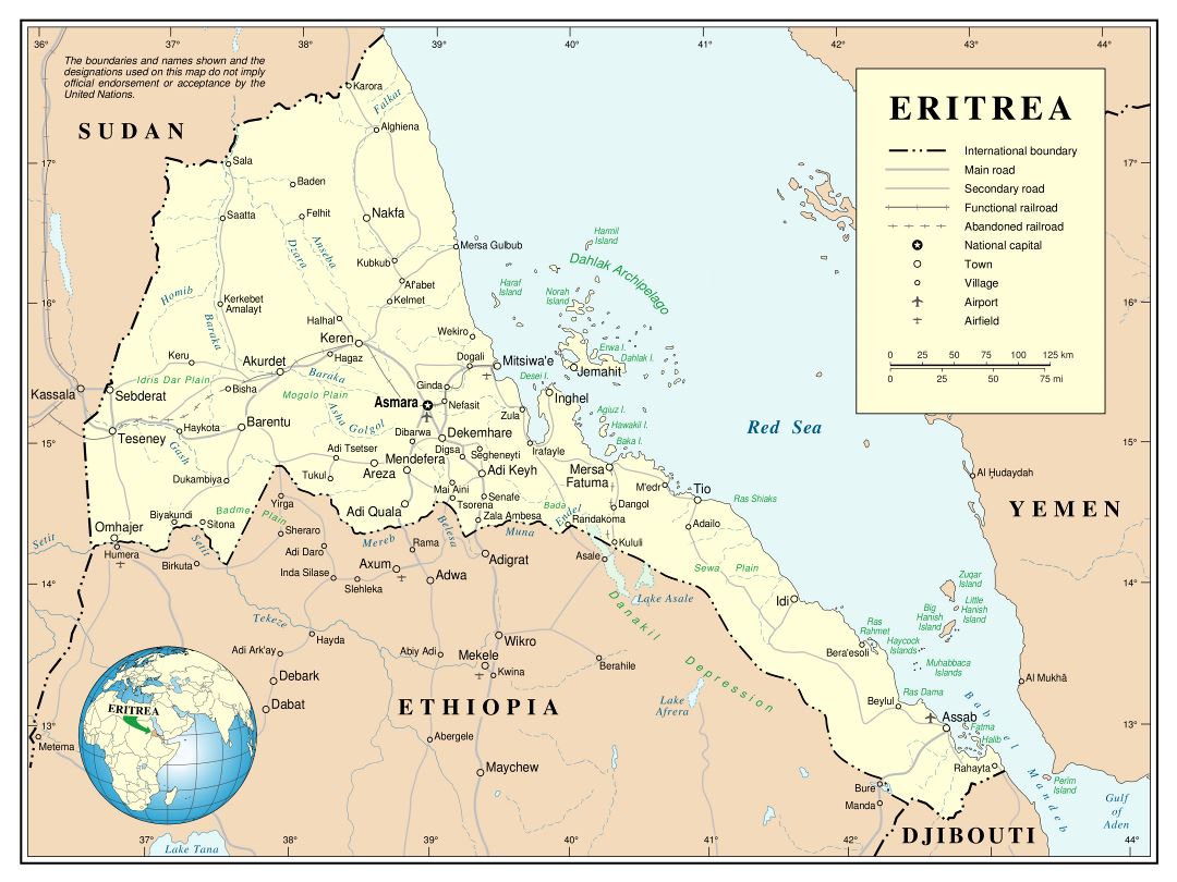 Большая детальная политическая и административная карта Эритреи с дорогами, железными дорогами, городами и аэропортами