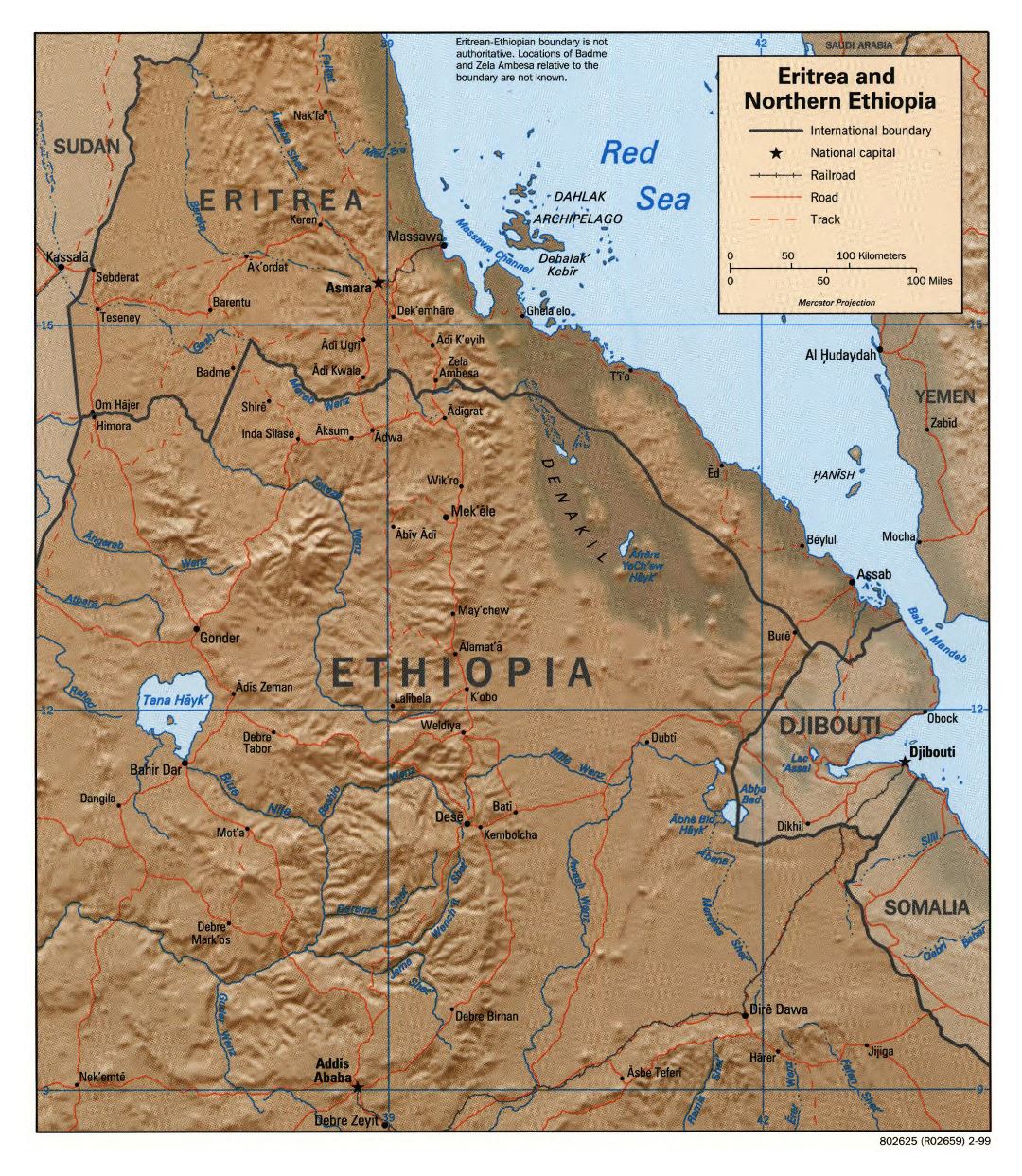 Большая детальная политическая карта Эритреи и Северной Эфиопии с рельефом, дорогами, железными дорогами и крупными городами - 1999
