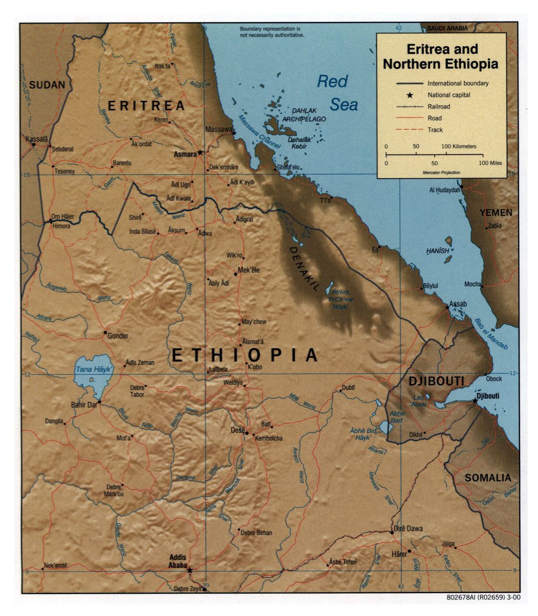 Большая детальная политическая карта Эритреи и Северной Эфиопии с рельефом, дорогами, железными дорогами и крупными городами - 2000