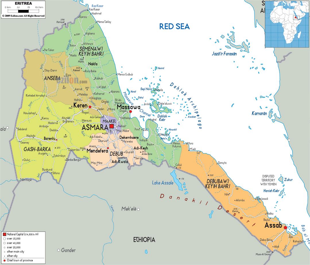 Большая политическая и административная карта Эритреи с дорогами, городами и аэропортами