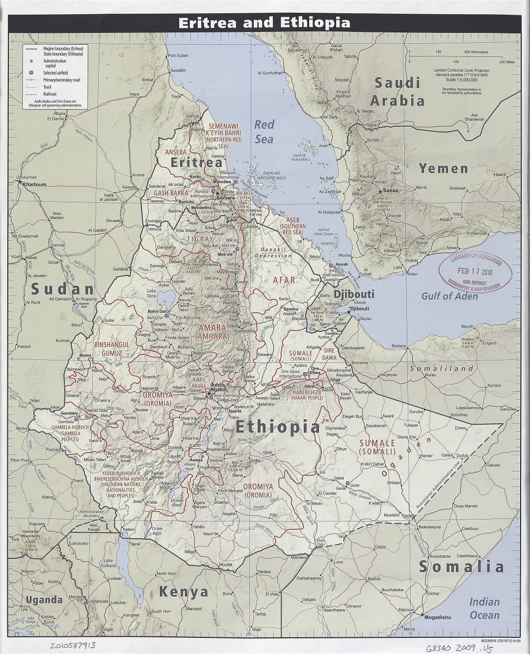 Крупномасштабная политическая и административная карта Эритреи и Эфиопии с рельефом, дорогами, железными дорогами, аэропортами и городами - 2009