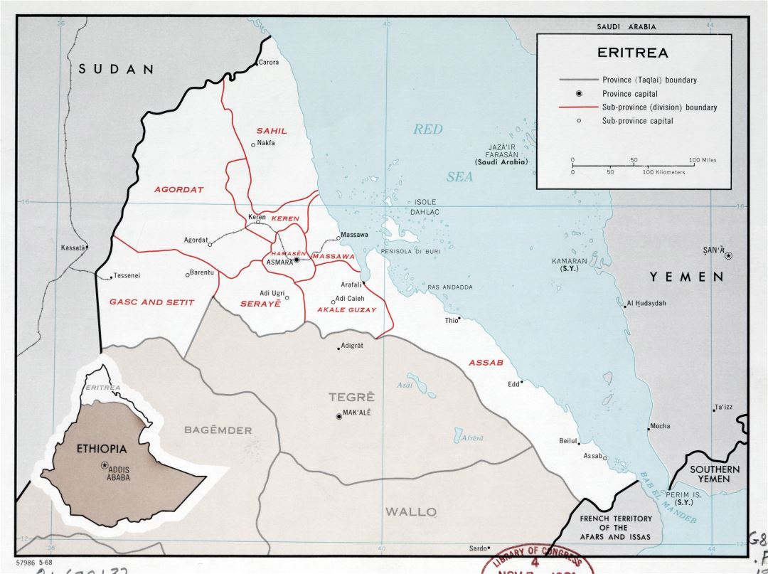 Крупномасштабная политическая и административная карта Эритреи с крупными городами - 1968