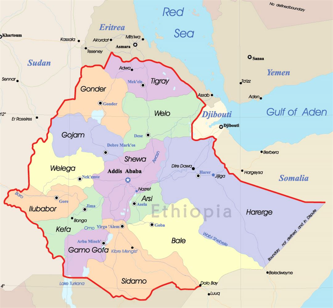 Детальная политическая и административная карта Эфиопии