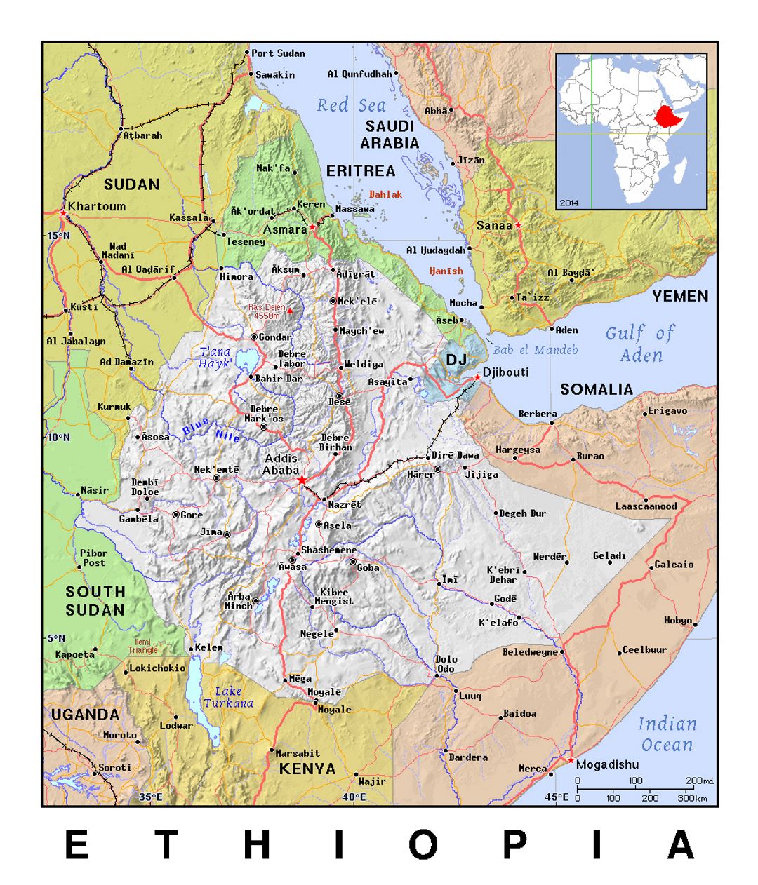 Детальная политическая карта Эфиопии с рельефом