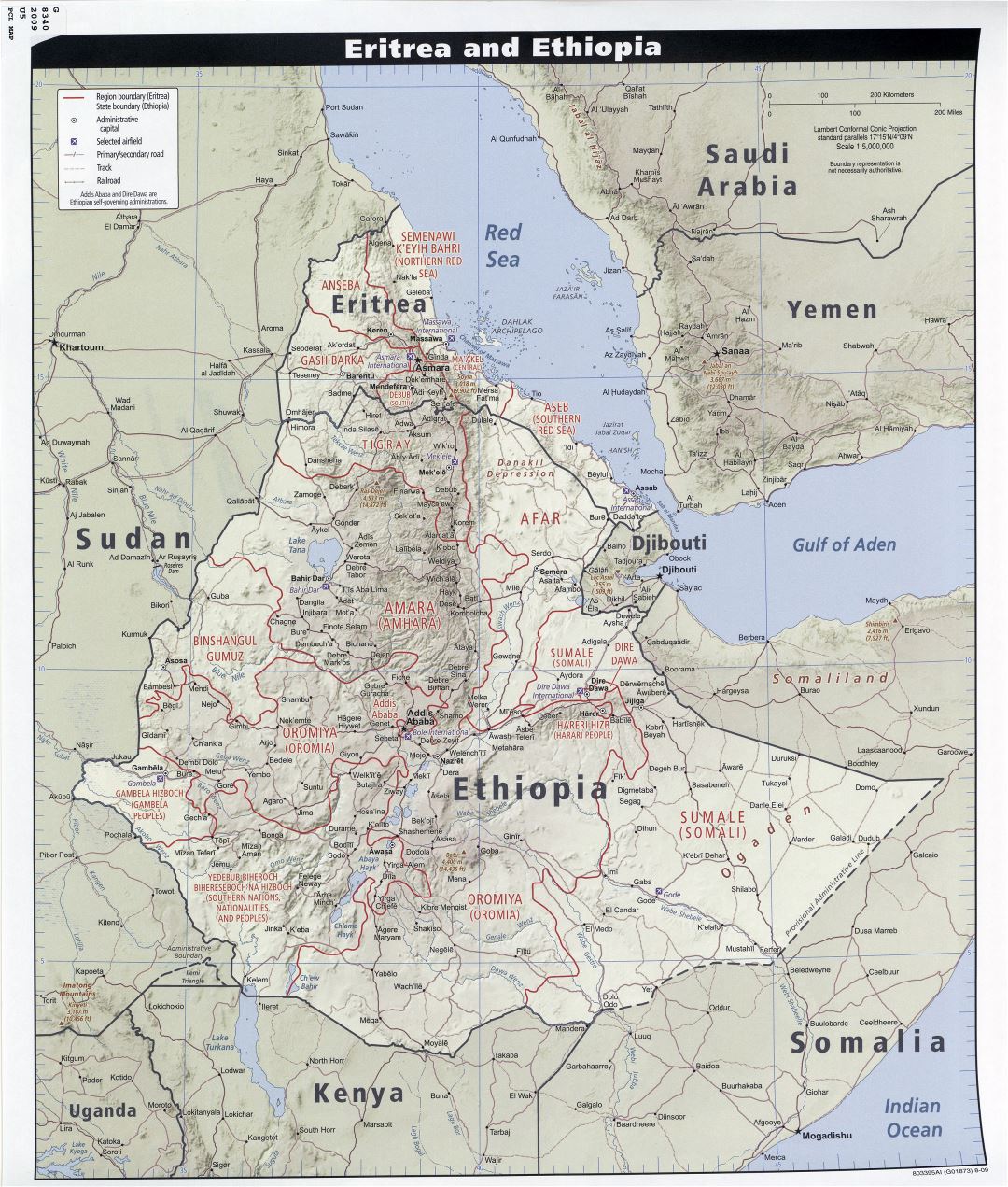 Большая детальная политическая и административная карта Эфиопии и Эритреи с рельефом, дорогами, железными дорогами, аэропортами и городами - 2009
