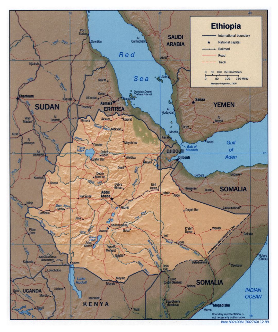 Большая детальная политическая карта Эфиопии с рельефом, дорогами, железными дорогами и крупными городами - 1999