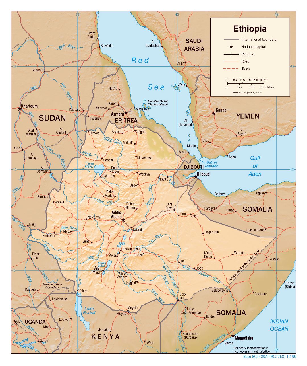 Большая детальная политическая карта Эфиопии с рельефом, дорогами, железными дорогами и крупными городами - 2000