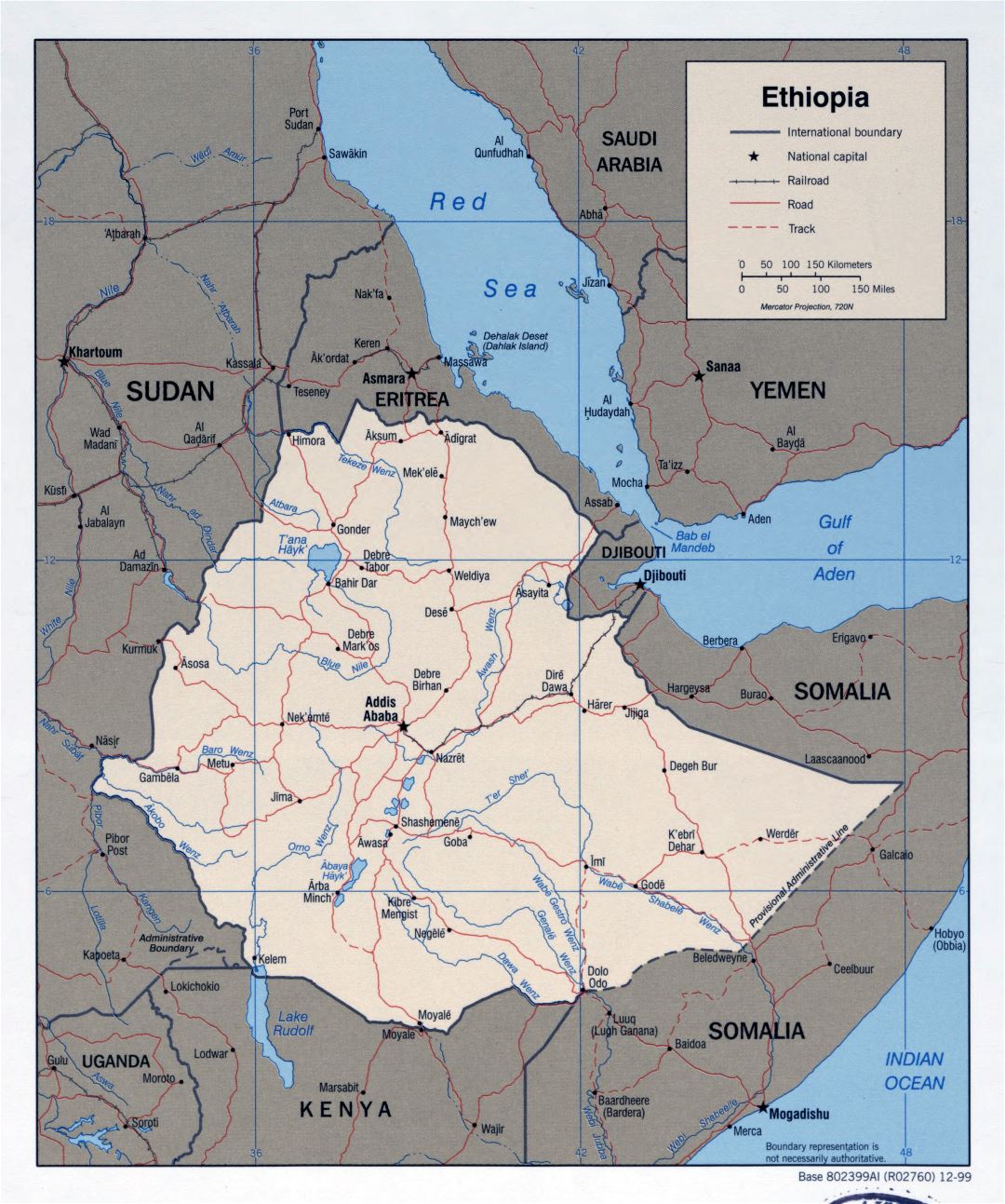 Большая детальная политическая карта Эфиопии с дорогами, железными дорогами и крупными городами - 1999