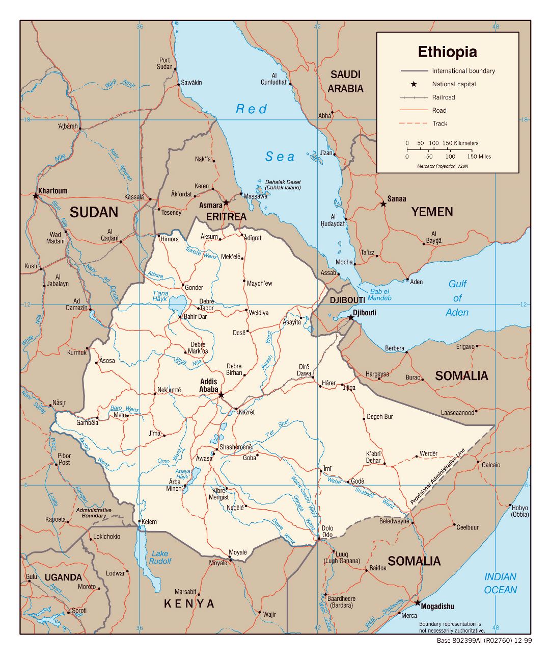Большая детальная политическая карта Эфиопии с дорогами, железными дорогами и крупными городами - 2000