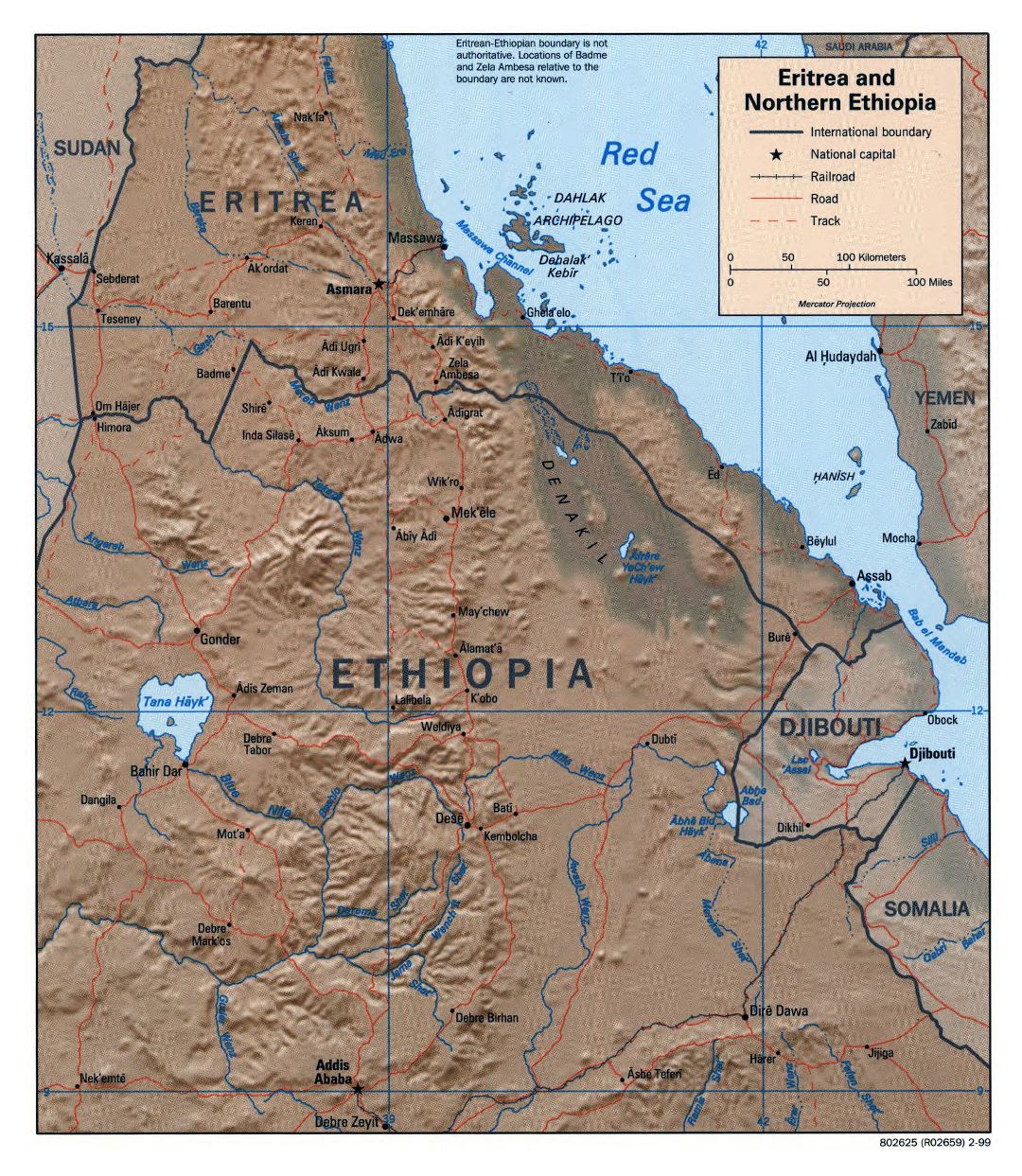 Большая детальная политическая карта Северной Эфиопии и Эритреи с рельефом, дорогами, железными дорогами и крупными городами - 1999