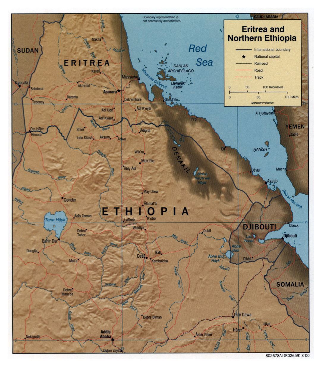 Большая подробная политическая карта Северной Эфиопии и Эритреи с рельефом, дорогами, железными дорогами и крупными городами - 2000