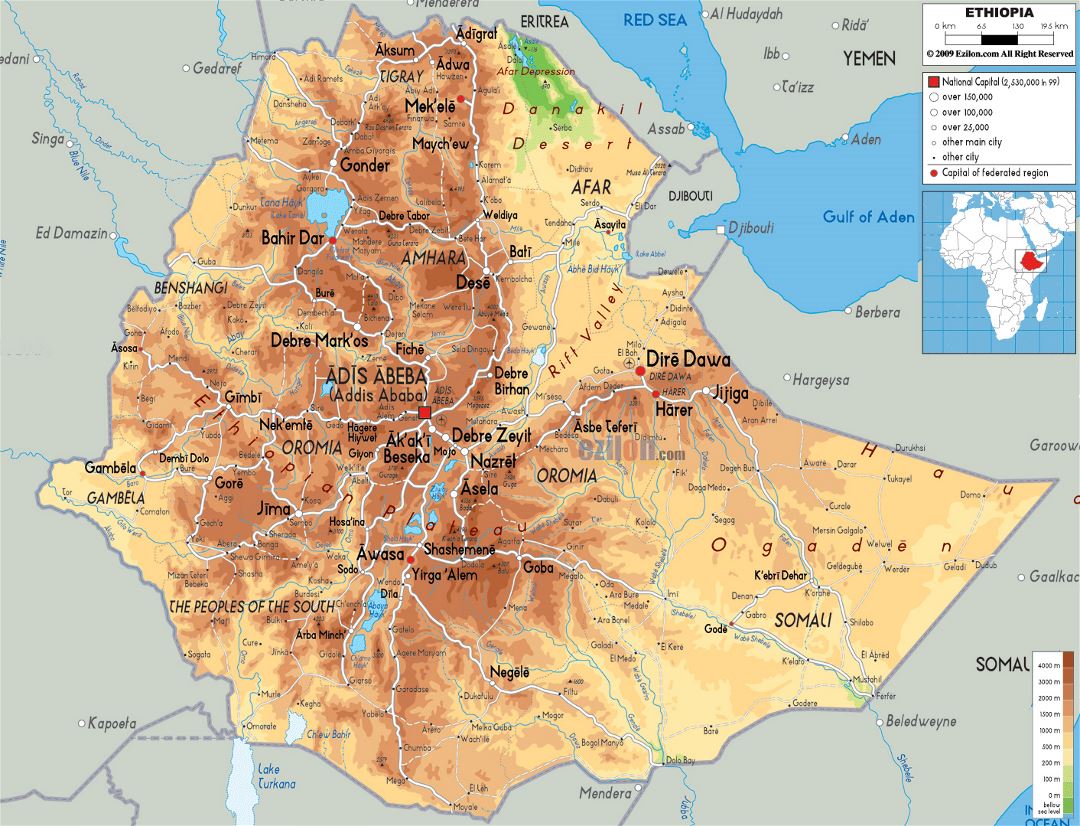Большая физическая карта Эфиопии с дорогами, городами и аэропортами