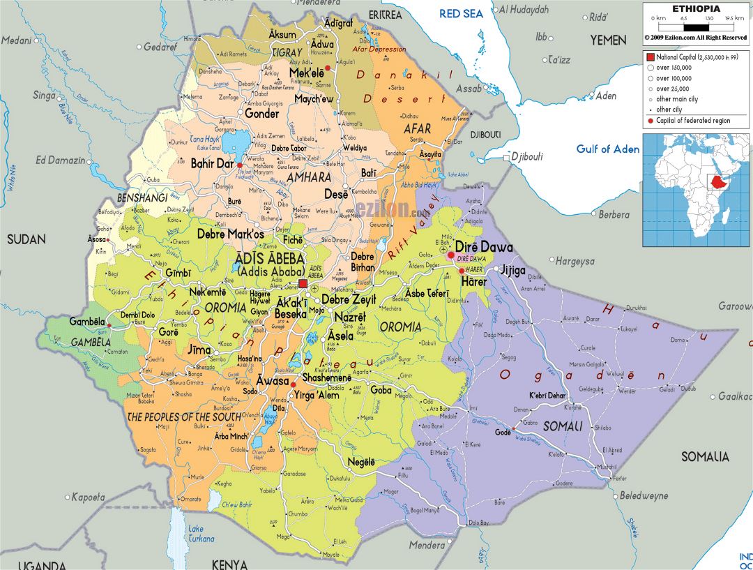 Большая политическая и административная карта Эфиопии с дорогами, городами и аэропортами