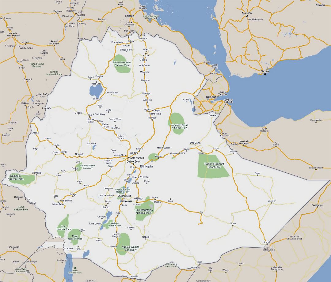 Большая карта дорог Эфиопии со всеми городами
