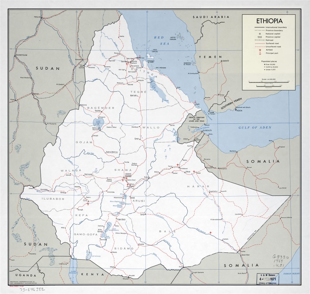 Крупномасштабная детальная политическая и административная карта Эфиопии с дорогами, железными дорогами, крупными городами, портами и аэропортами - 1968