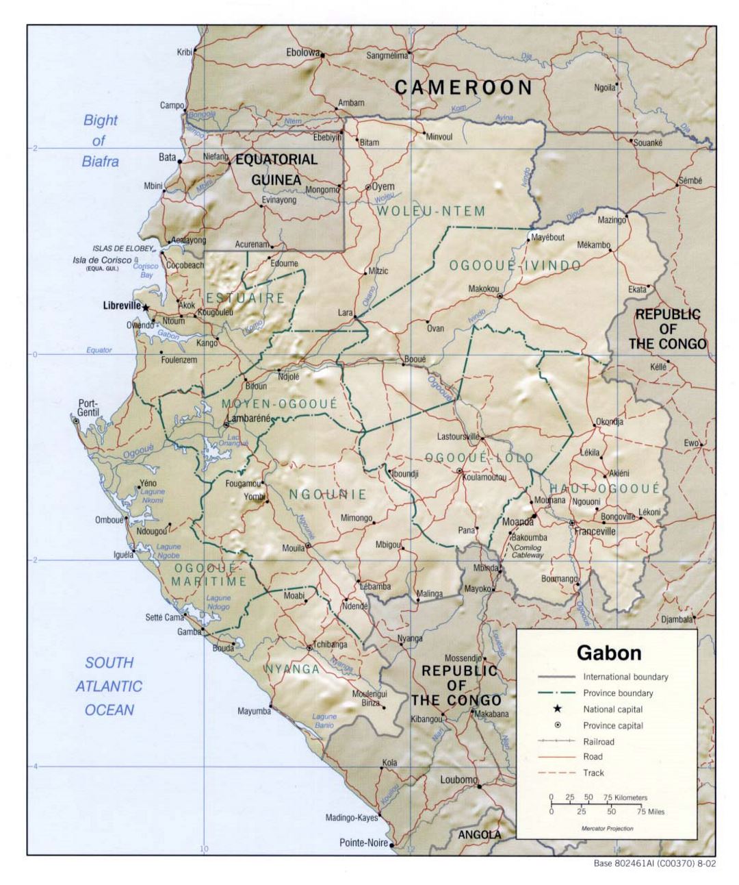 Детальная политическая и административная карта Габона с рельефом, дорогами, железными дорогами и крупными городами - 2002