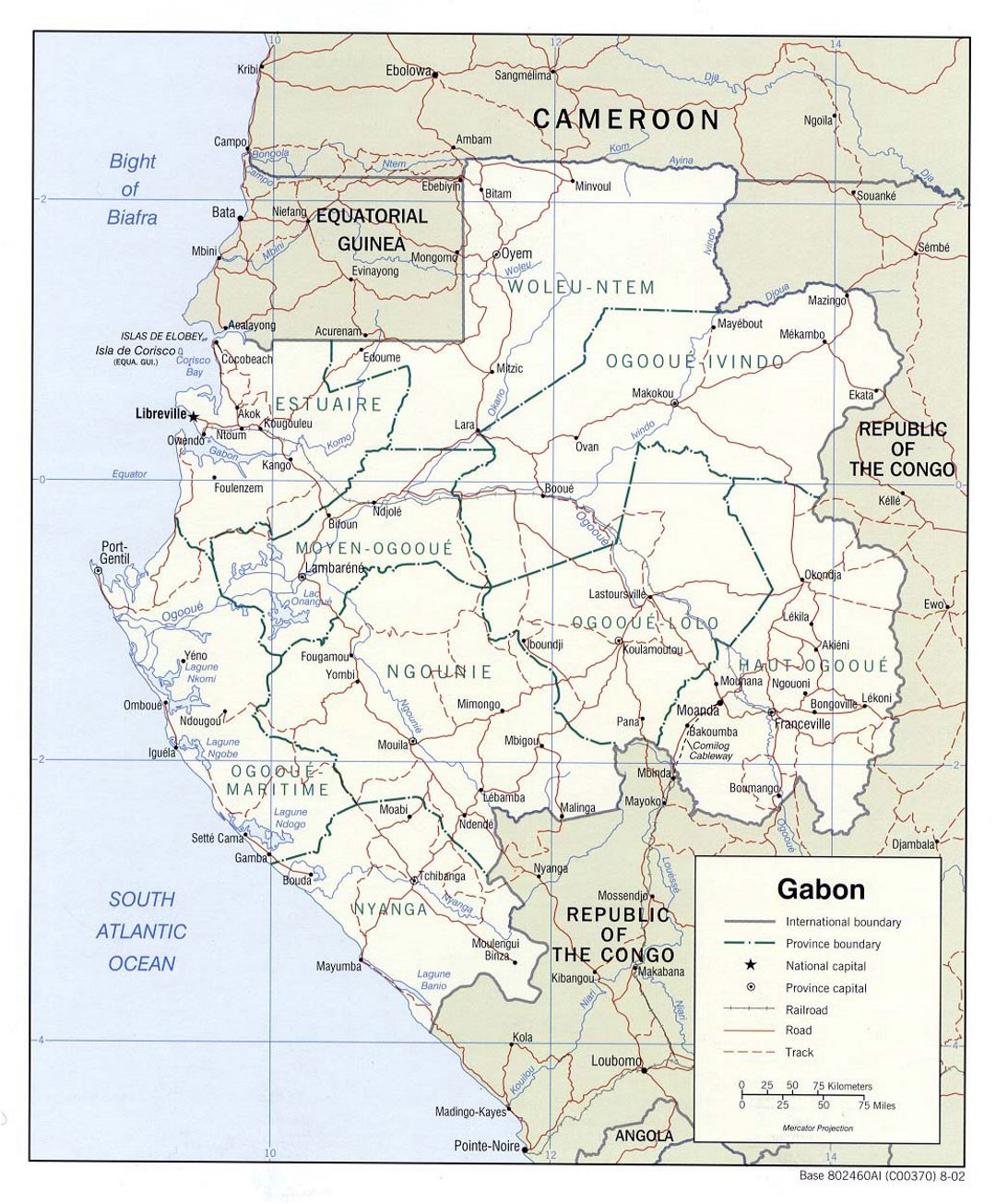 Детальная политическая и административная карта Габона с дорогами, железными дорогами и крупными городами - 2002
