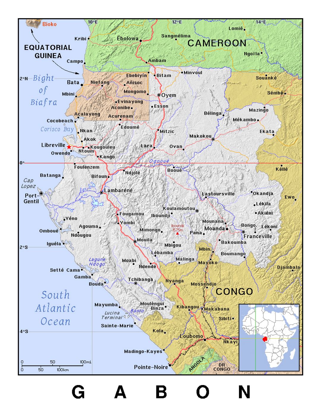 Детальная политическая карта Габона с рельефом